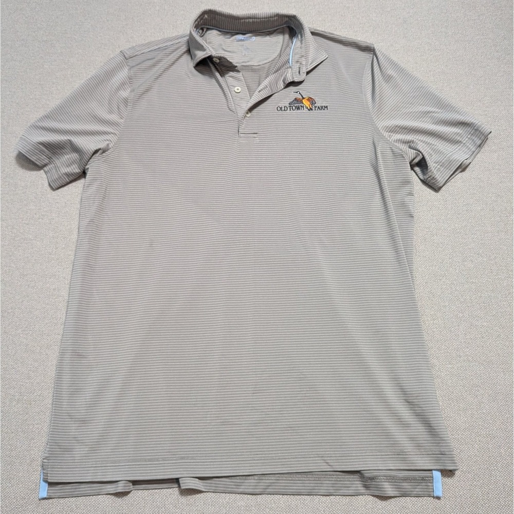 Johnnie-O Polo Shirt Men's L Gray Stripe Old Town Farm Logo Golf Performance